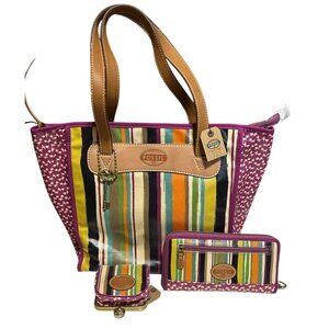 Fossil Key Coated Canvas Purple Stripes & Birds Purse W/Wallet & Change Bag NWT